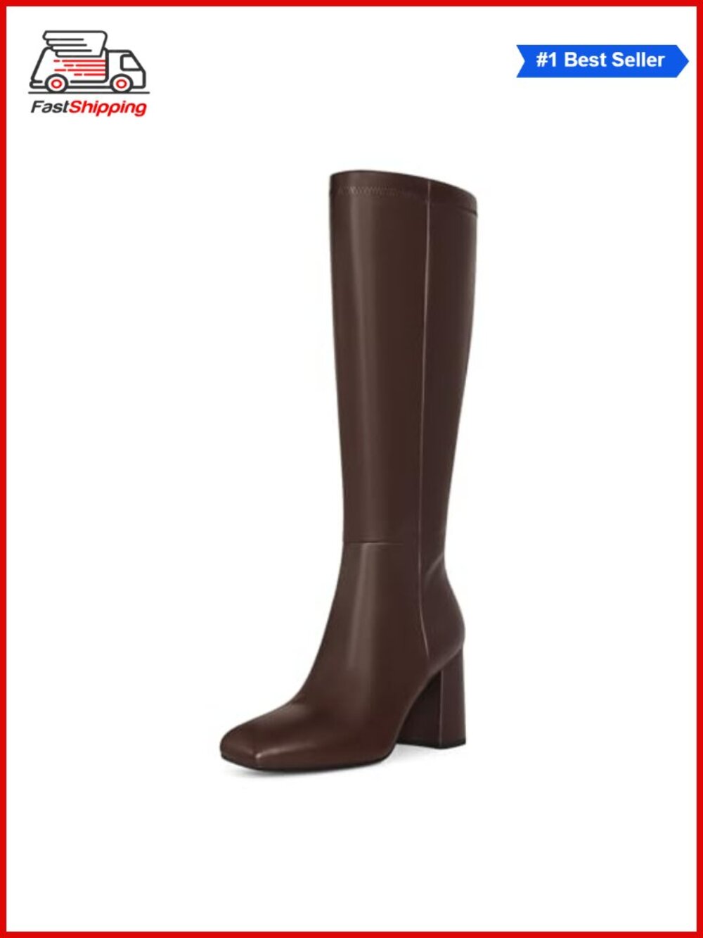 ✨ SOVANYOU Faux Leather Knee-High Boots Square Toe Chunky Heel Side Zip